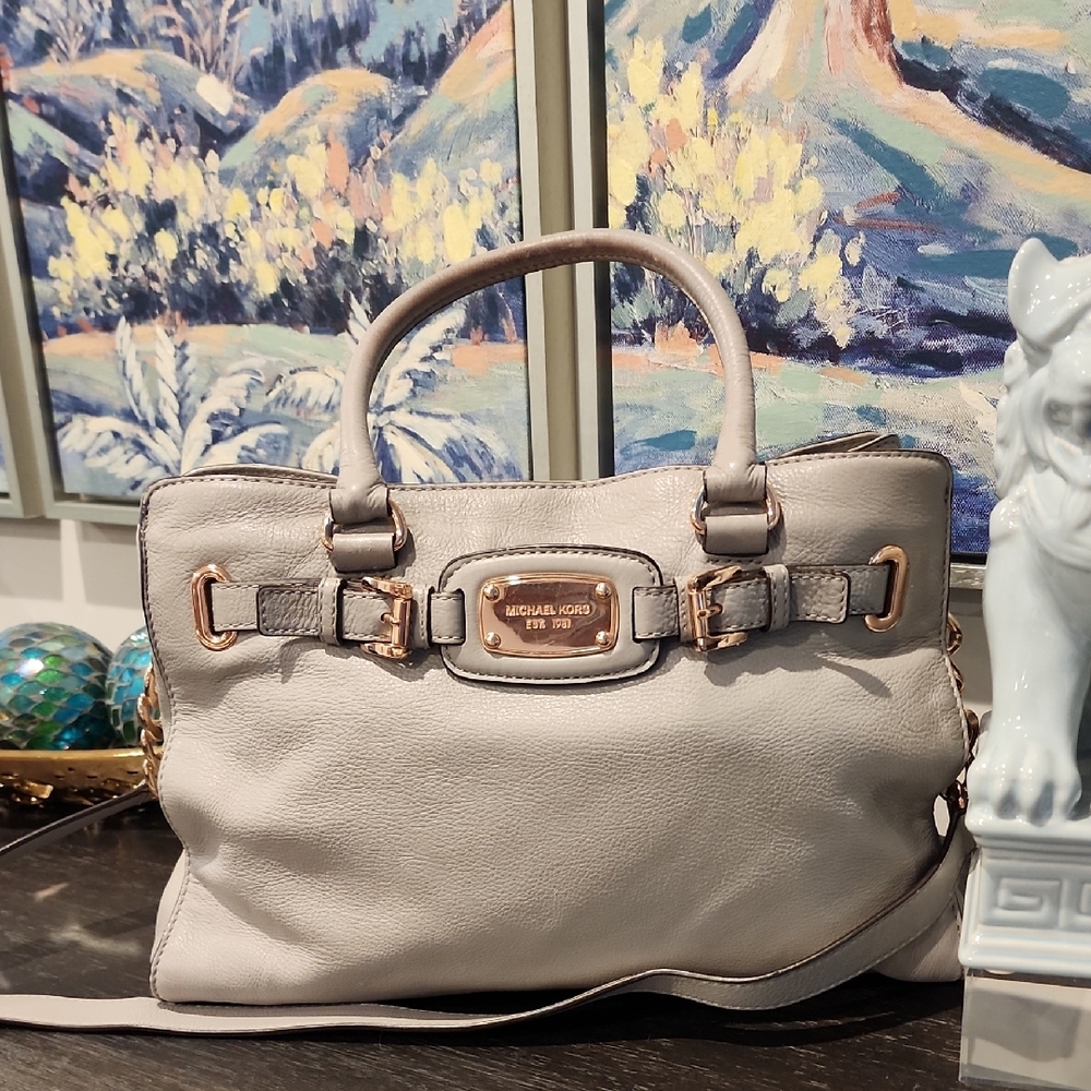 Michael Kors Light Soft Gray Leather Satchel With Rose Gold Hardware
